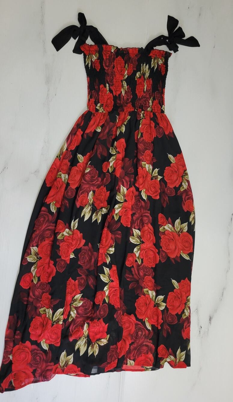 Black & Red Rose Floral Smocked Maxi Dress
